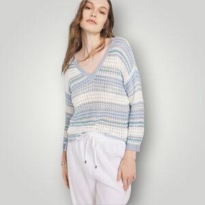 White‎ House Black Market Blanket Stripe V-Neck Open Knit Sweater Women's Large